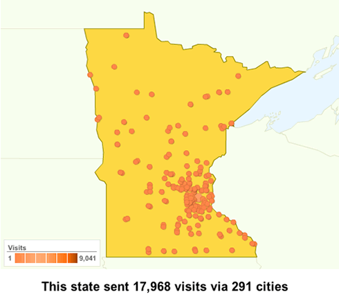 Map of Minnesota with "Visits" to Minnesota Litigator